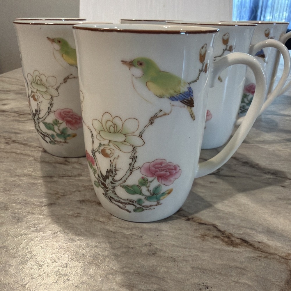 Vtg Set Of 6 Mugs Handpainted 8 Oz Neiman Marcus Ming Dynasty Otagiri Inspired